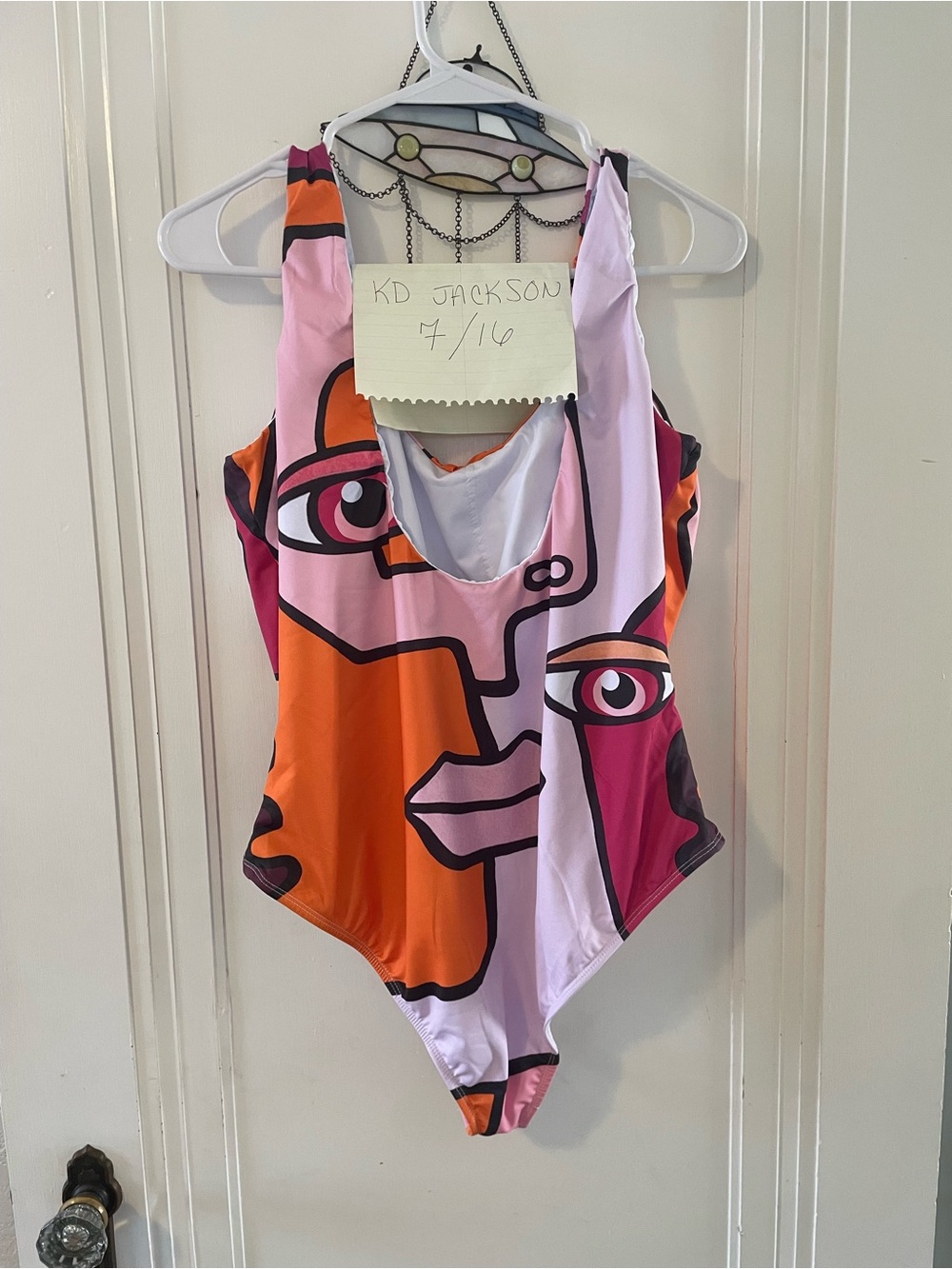 Colorblock Abstract Face One-Piece Swimsuit - Pink & Orange - Picture 2 of 2